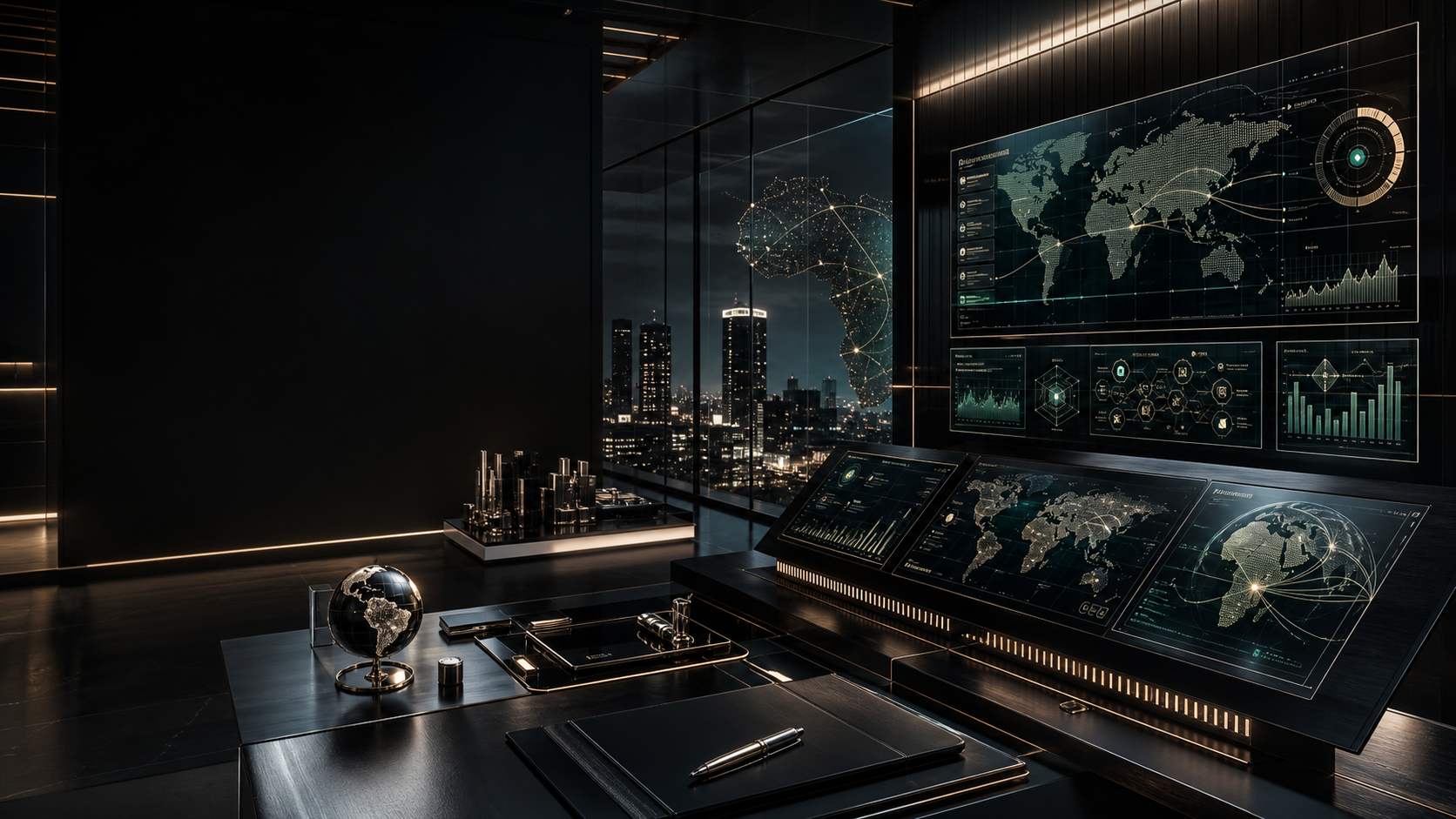 Luxury dark technology command room with AI dashboards and global trade intelligence screens